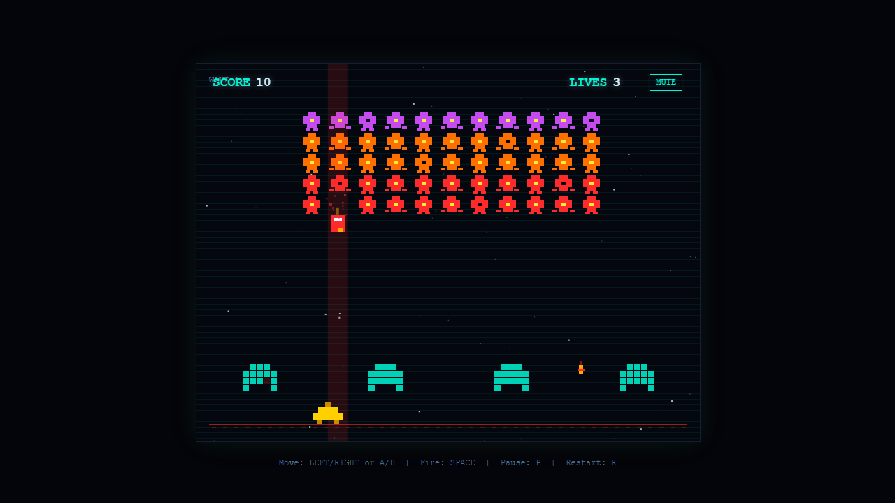 Falling Wreckage implementation executed by a Codex-local operator, showing debris in the play field.